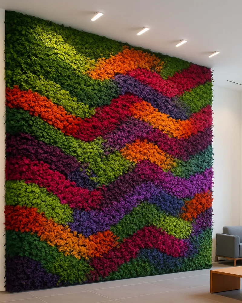 Vibrant geometric living wall installation in modern interior space